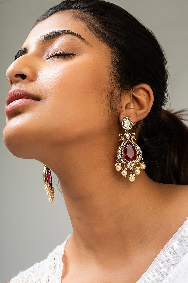 Gold Finish Kundan Polki & Red Stone Dangler Earrings by Zevar King at Pernia's Pop Up Shop