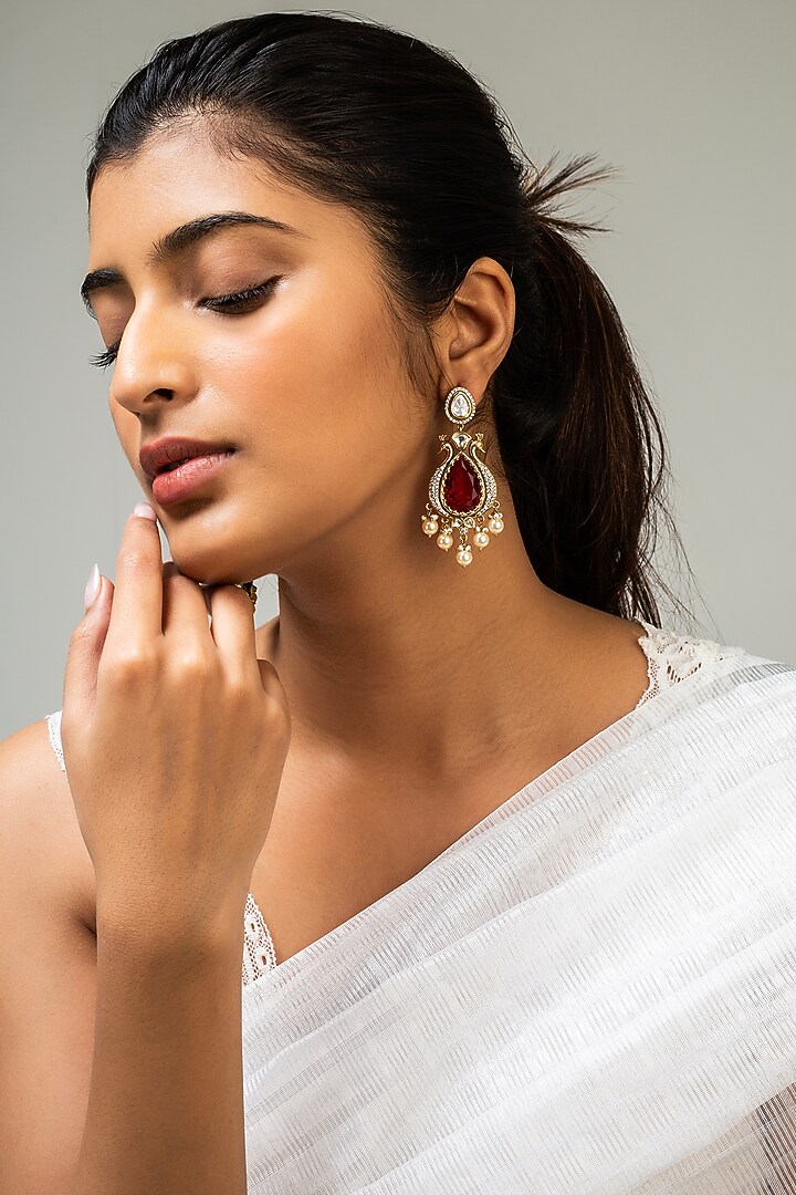 Gold Finish Kundan Polki & Red Stone Dangler Earrings by Zevar King at Pernia's Pop Up Shop