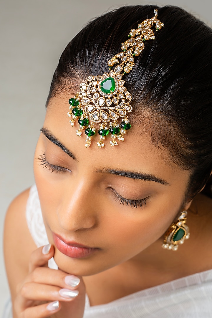 Gold Finish Kundan Polki & Green Stone Maangtikka by Zevar King at Pernia's Pop Up Shop