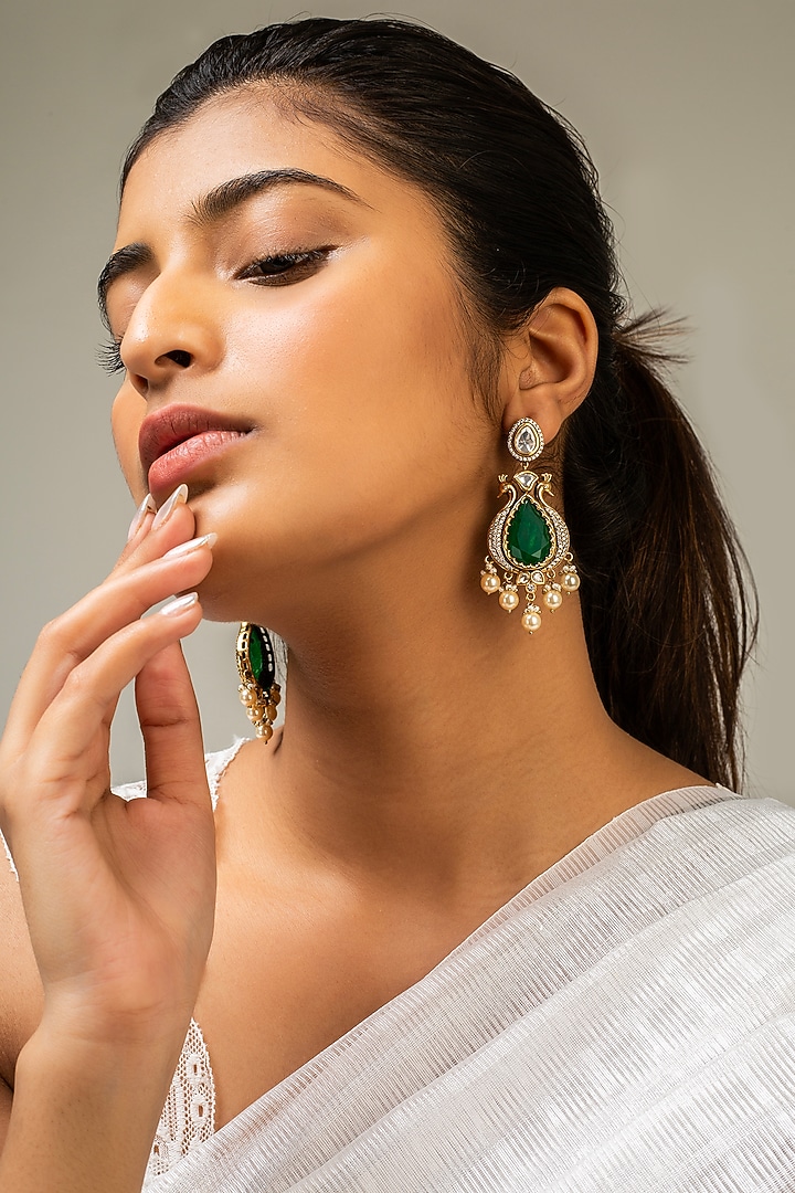 Gold Finish Kundan Polki & Green Stone Dangler Earrings by Zevar King at Pernia's Pop Up Shop