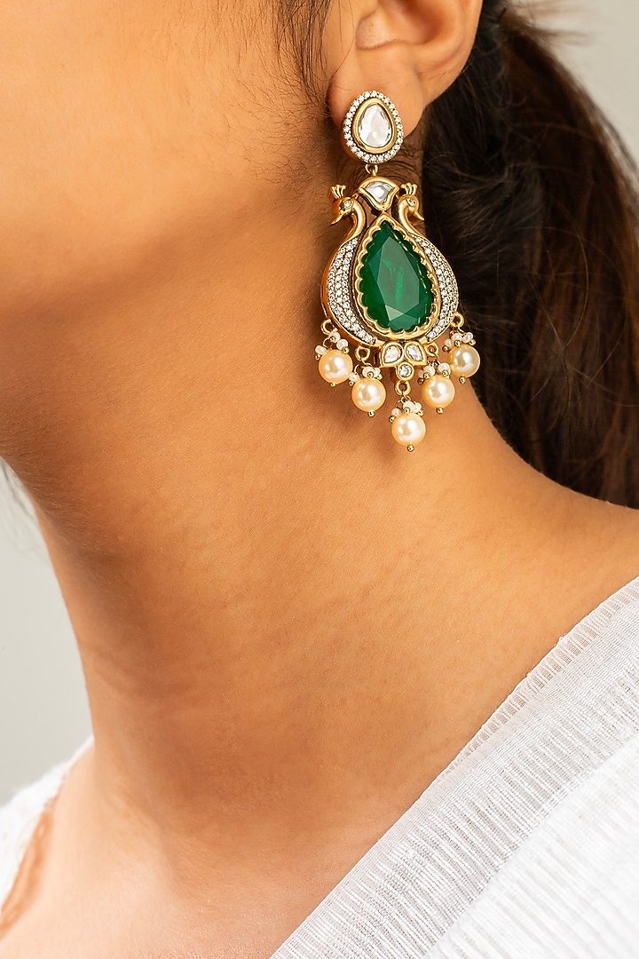 Gold Finish Kundan Polki & Green Stone Dangler Earrings by Zevar King at Pernia's Pop Up Shop