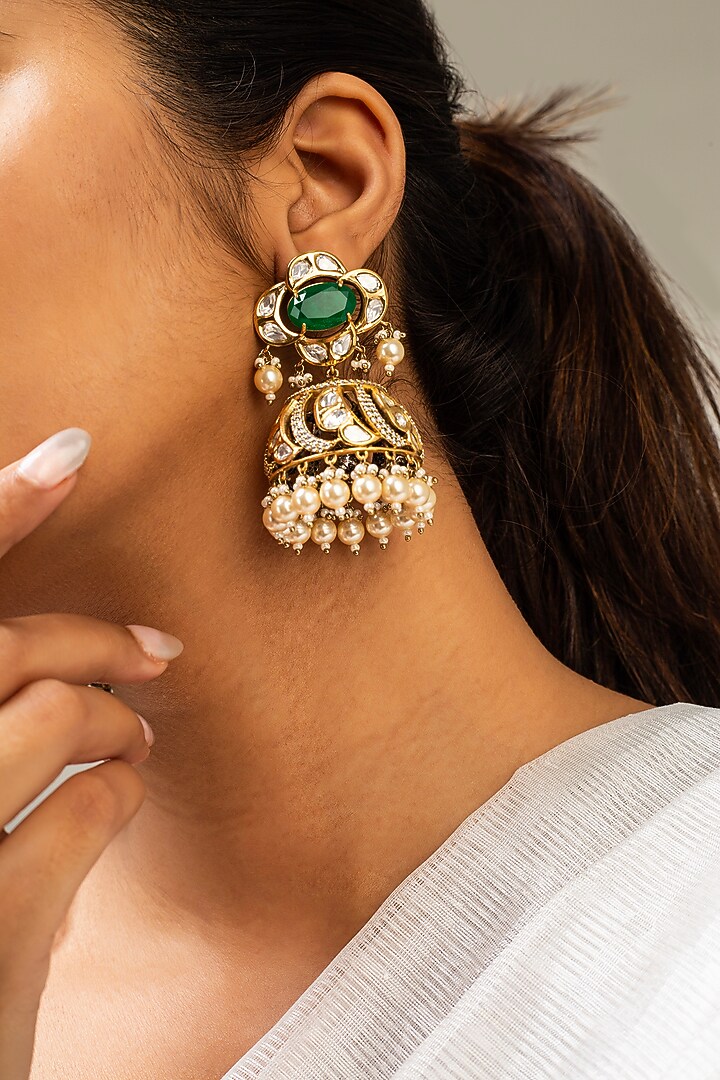 Gold Finish Kundan Polki & Green Stone Dangler Earrings by Zevar King at Pernia's Pop Up Shop