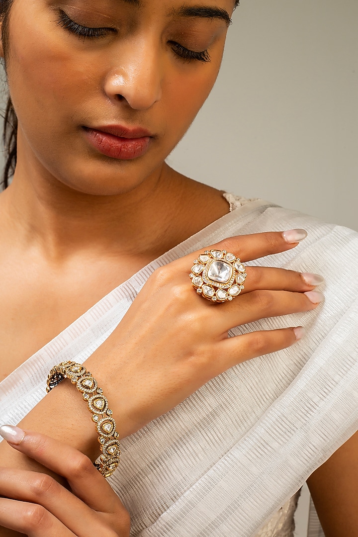 Gold Finish Kundan Polki & White Stone Ring by Zevar King at Pernia's Pop Up Shop