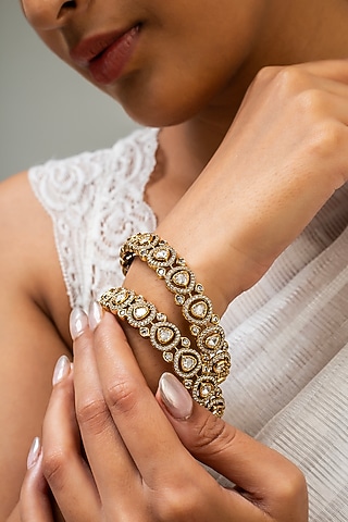 Gold Finish Kundan Polki & White Stone Kada by Zevar King
