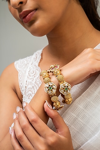 Gold Finish Kundan Polki & Green Stone Kada by Zevar King