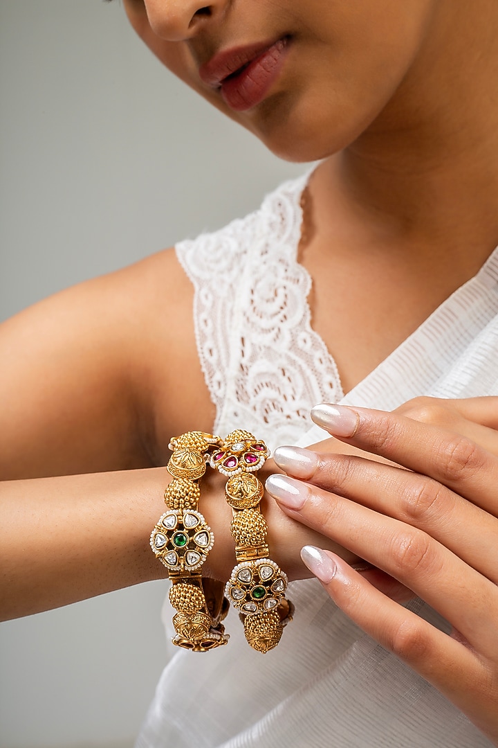 Gold Finish Kundan Polki & Green Stone Kada by Zevar King at Pernia's Pop Up Shop