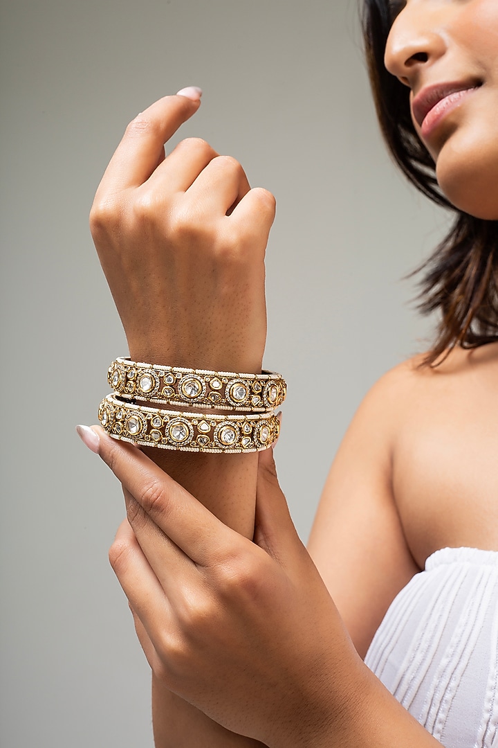 Gold Finish Kundan Polki & White Stone Openable Kada by Zevar King at Pernia's Pop Up Shop