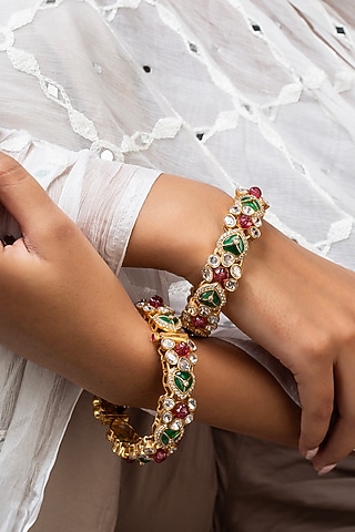 Gold Finish Kundan Polki & Multi-Colored Stone Openable Kada by Zevar King