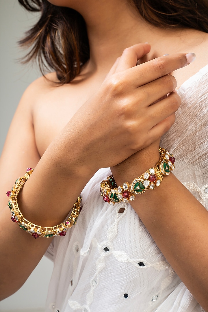 Gold Finish Kundan Polki & Multi-Colored Stone Openable Kada by Zevar King at Pernia's Pop Up Shop