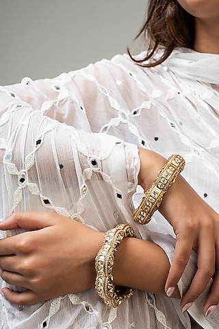 Gold Finish Kundan Polki & Blue Stone Openable Kada by Zevar King