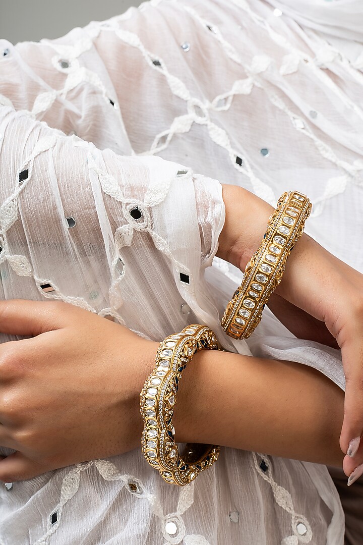 Gold Finish Kundan Polki & Blue Stone Openable Kada by Zevar King at Pernia's Pop Up Shop