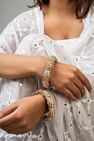 Gold Finish Kundan Polki & Red Stone Kada by Zevar King