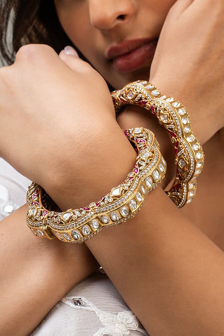 Gold Finish Kundan Polki & Red Stone Kada by Zevar King at Pernia's Pop Up Shop