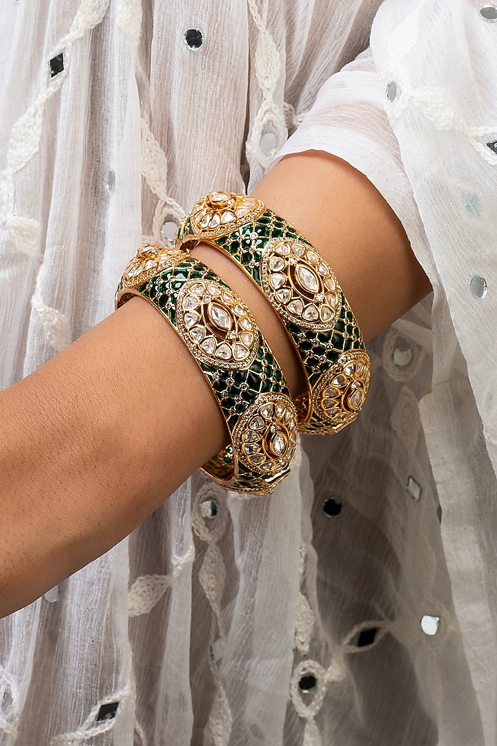 Gold Finish Kundan Polki & Green Stone Openable Kada by Zevar King at Pernia's Pop Up Shop