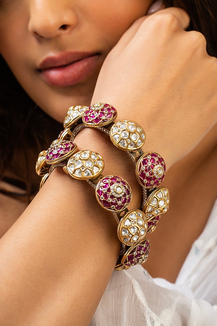 Gold Finish Red Kundan Polki Openable Kada by Zevar King at Pernia's Pop Up Shop