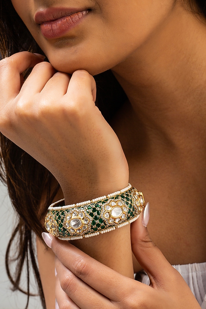 Gold Finish Green Kundan Polki Openable Kada by Zevar King at Pernia's Pop Up Shop