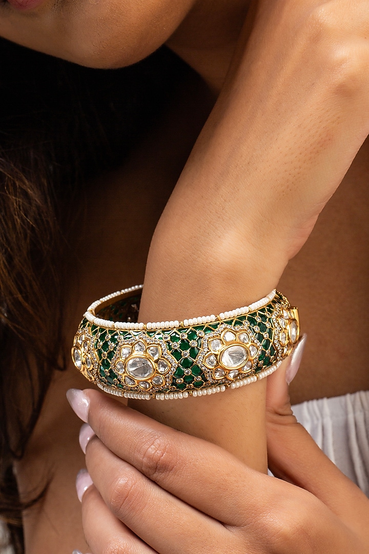 Gold Finish Green Kundan Polki Openable Kada by Zevar King at Pernia's Pop Up Shop