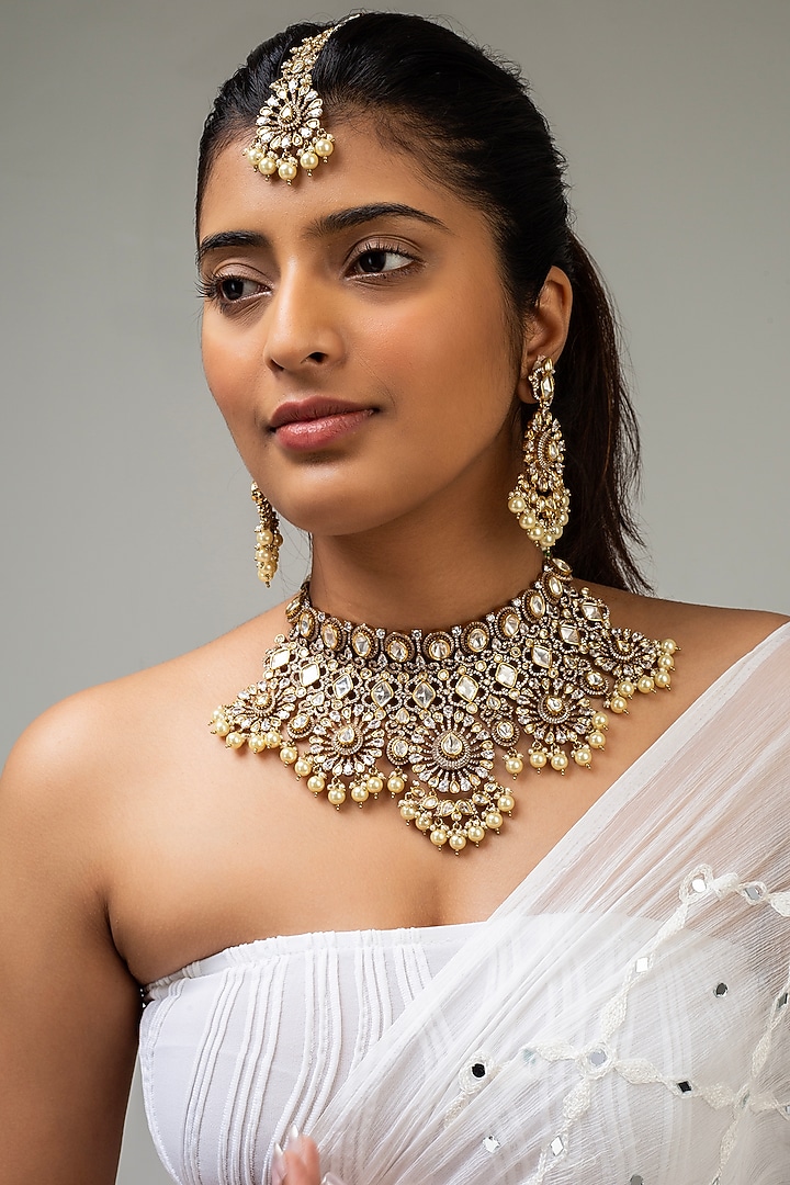 Gold Finish Kundan Polki & White Stone Necklace Set by Zevar King at Pernia's Pop Up Shop