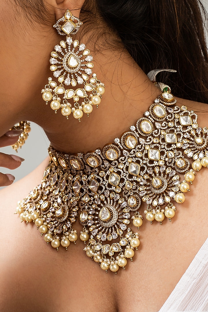 Gold Finish Kundan Polki & White Stone Necklace Set by Zevar King at Pernia's Pop Up Shop