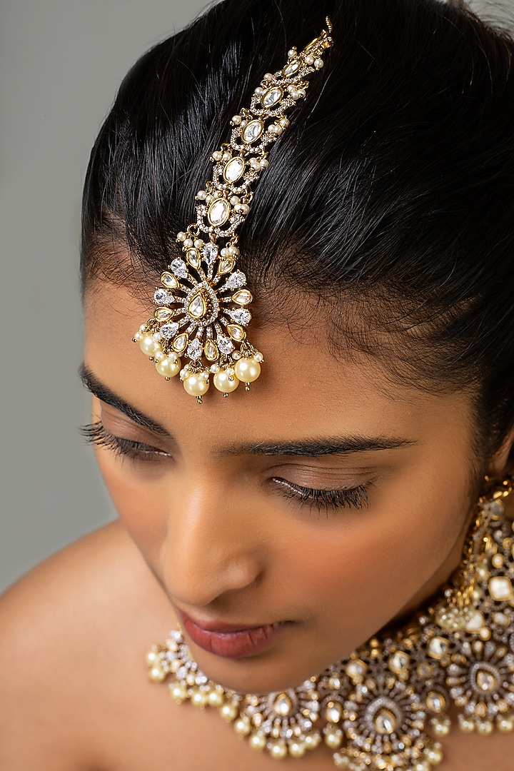 Gold Finish Kundan Polki & White Stone Necklace Set by Zevar King at Pernia's Pop Up Shop