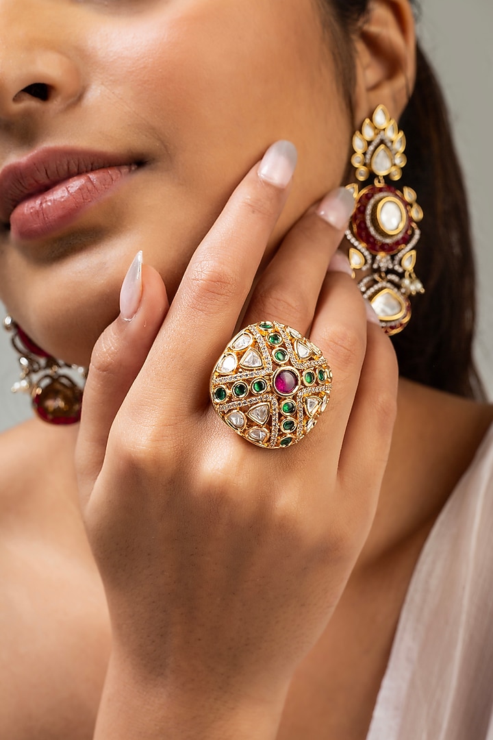 Gold Finish Kundan Polki & Red Stone Ring by Zevar King at Pernia's Pop Up Shop