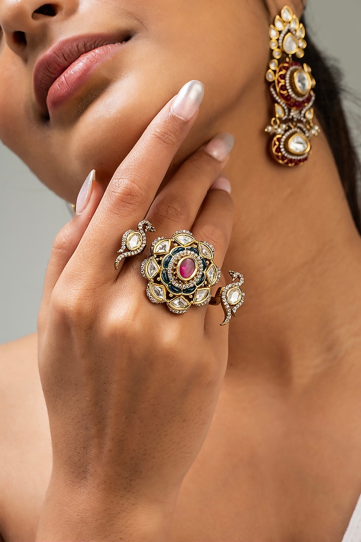Gold Finish Kundan Polki & Red Stone Ring by Zevar King at Pernia's Pop Up Shop