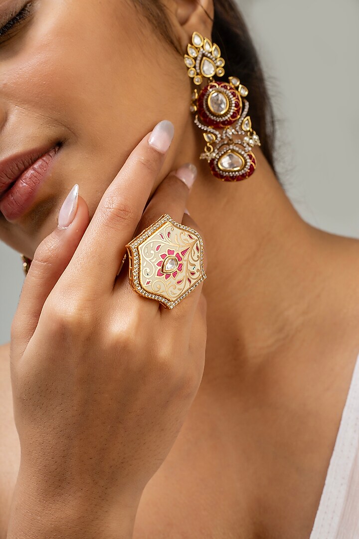 Gold Finish Kundan Polki & Multi-Colored Stone Ring by Zevar King at Pernia's Pop Up Shop