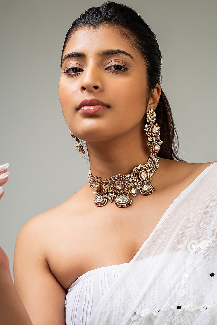 Gold Finish Kundan Polki & Red Stone Choker Necklace Set by Zevar King at Pernia's Pop Up Shop