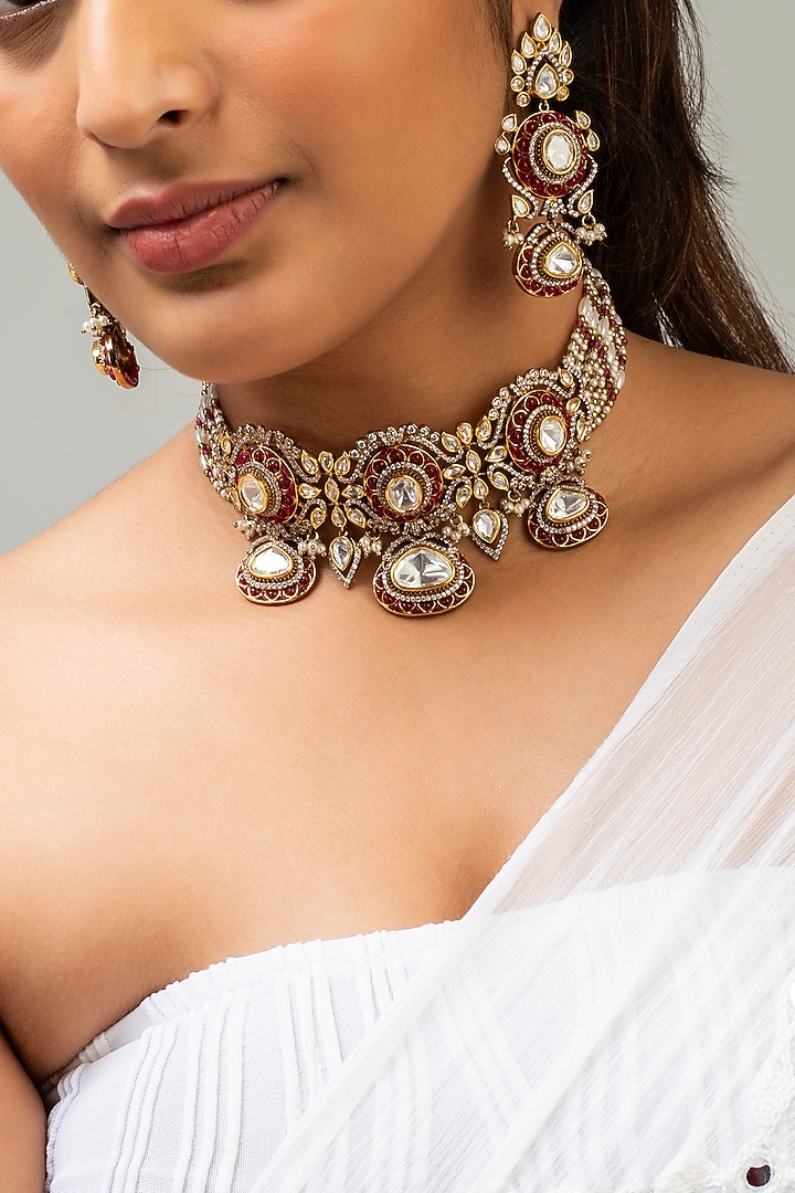 Gold Finish Kundan Polki & Red Stone Choker Necklace Set by Zevar King at Pernia's Pop Up Shop