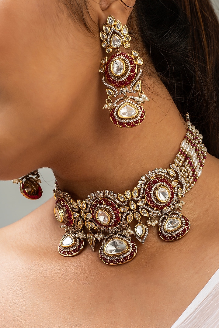 Gold Finish Kundan Polki & Red Stone Choker Necklace Set by Zevar King at Pernia's Pop Up Shop