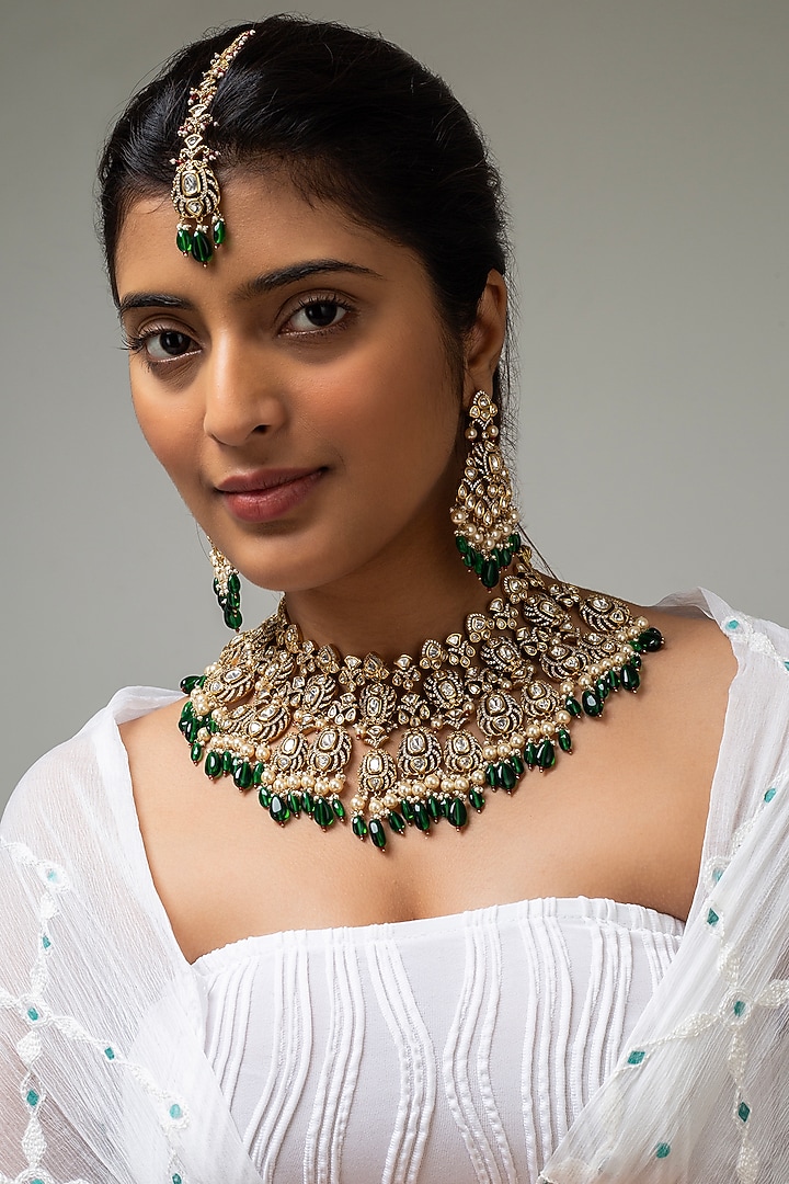 Gold Finish Kundan Polki & Green Stone Necklace Set by Zevar King at Pernia's Pop Up Shop
