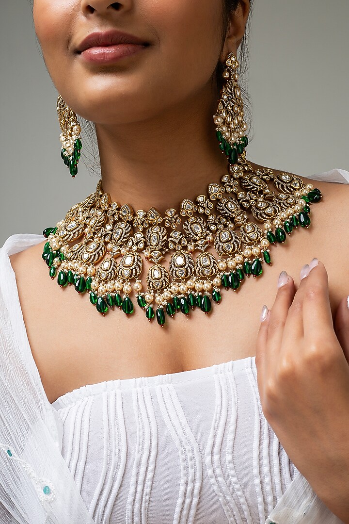 Gold Finish Kundan Polki & Green Stone Necklace Set by Zevar King at Pernia's Pop Up Shop