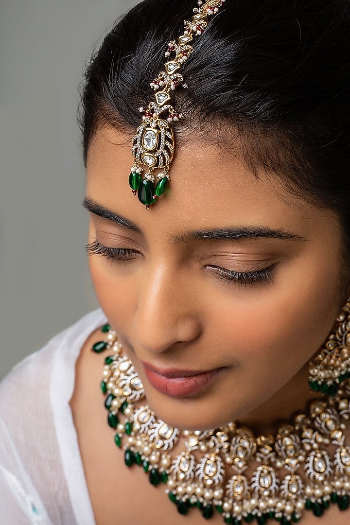 Gold Finish Kundan Polki & Green Stone Necklace Set by Zevar King at Pernia's Pop Up Shop