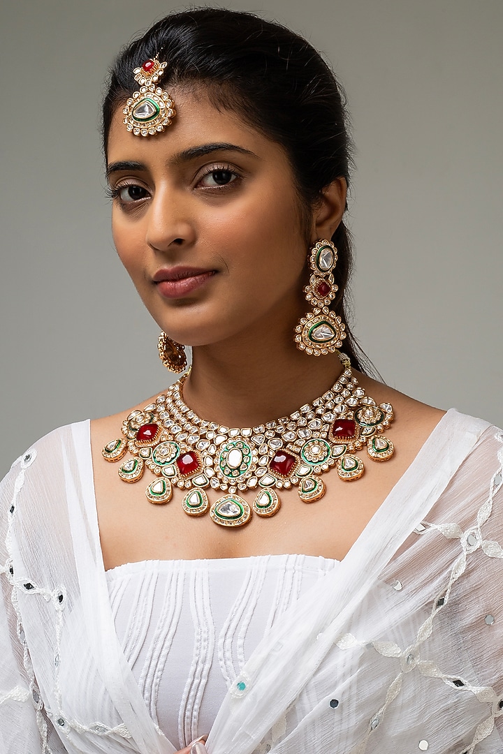 Gold Finish Kundan Polki & Red Stone Necklace Set by Zevar King at Pernia's Pop Up Shop