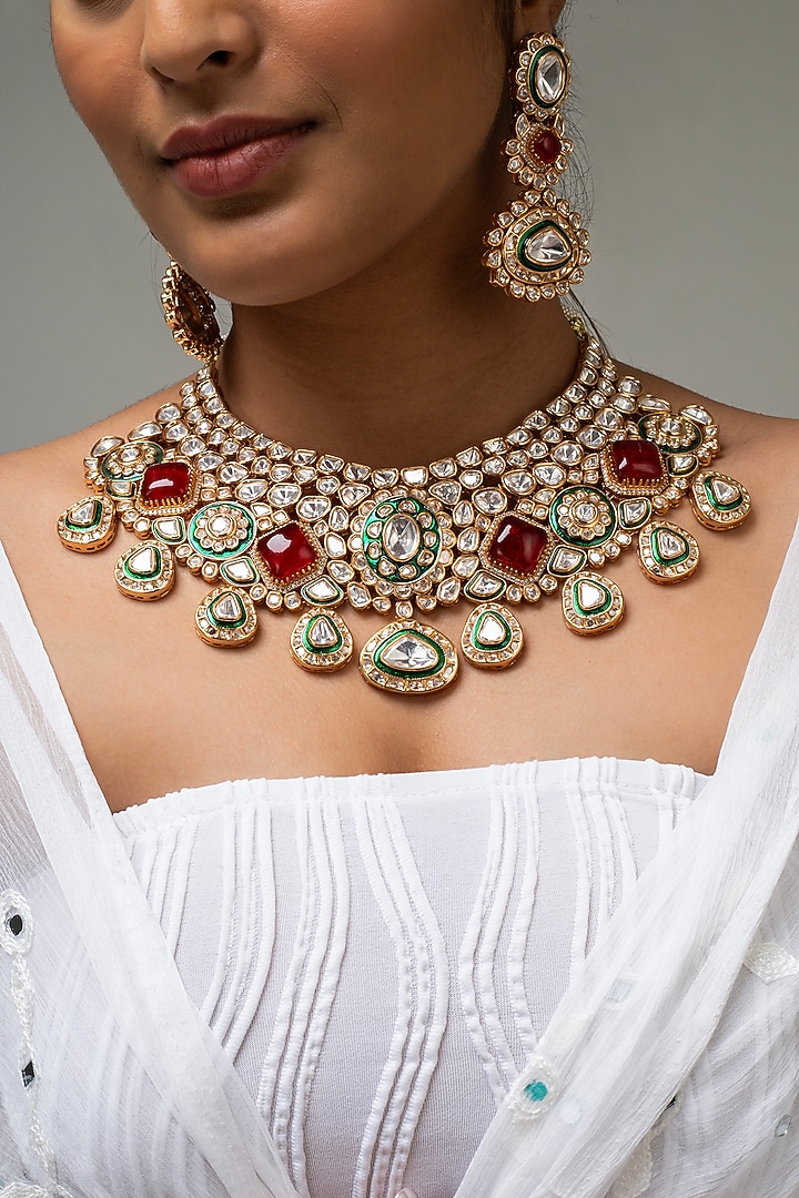 Gold Finish Kundan Polki & Red Stone Necklace Set by Zevar King at Pernia's Pop Up Shop