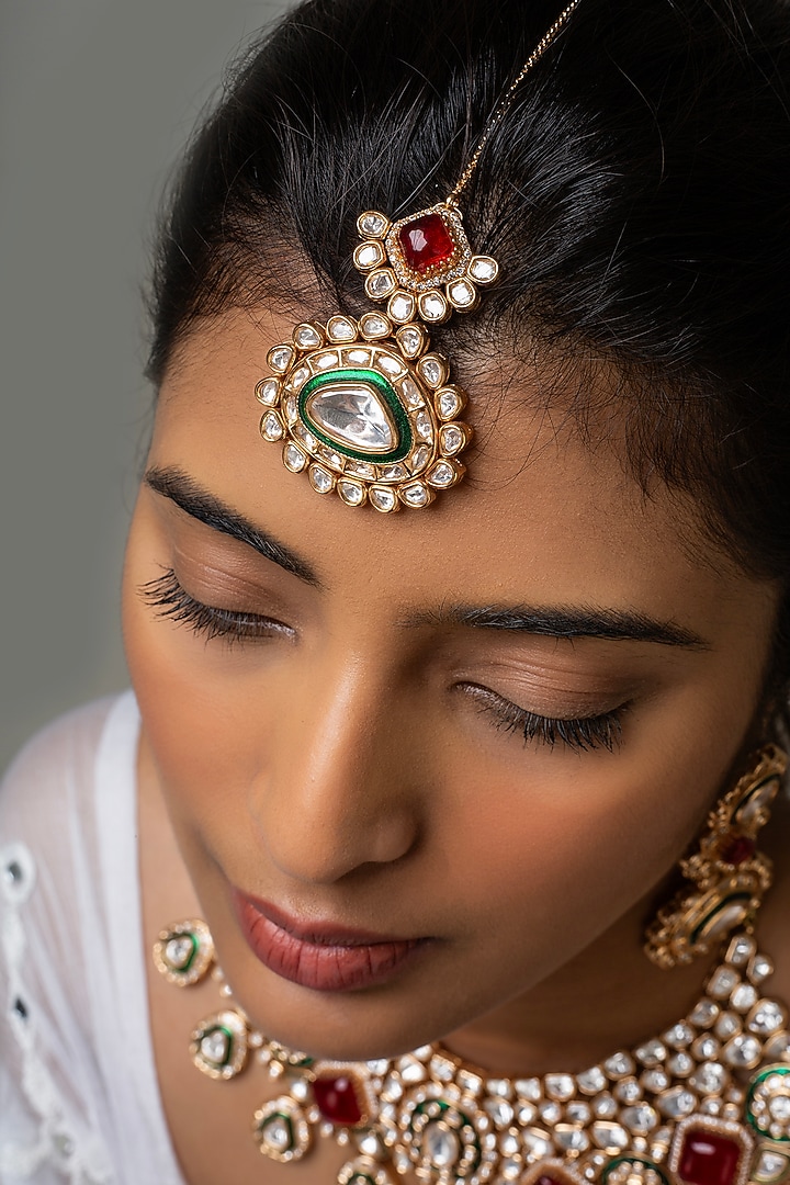 Gold Finish Kundan Polki & Red Stone Necklace Set by Zevar King at Pernia's Pop Up Shop