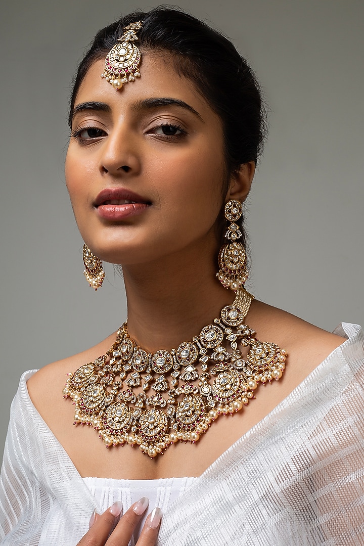 Gold Finish Kundan Polki & Red Stone Necklace Set by Zevar King at Pernia's Pop Up Shop