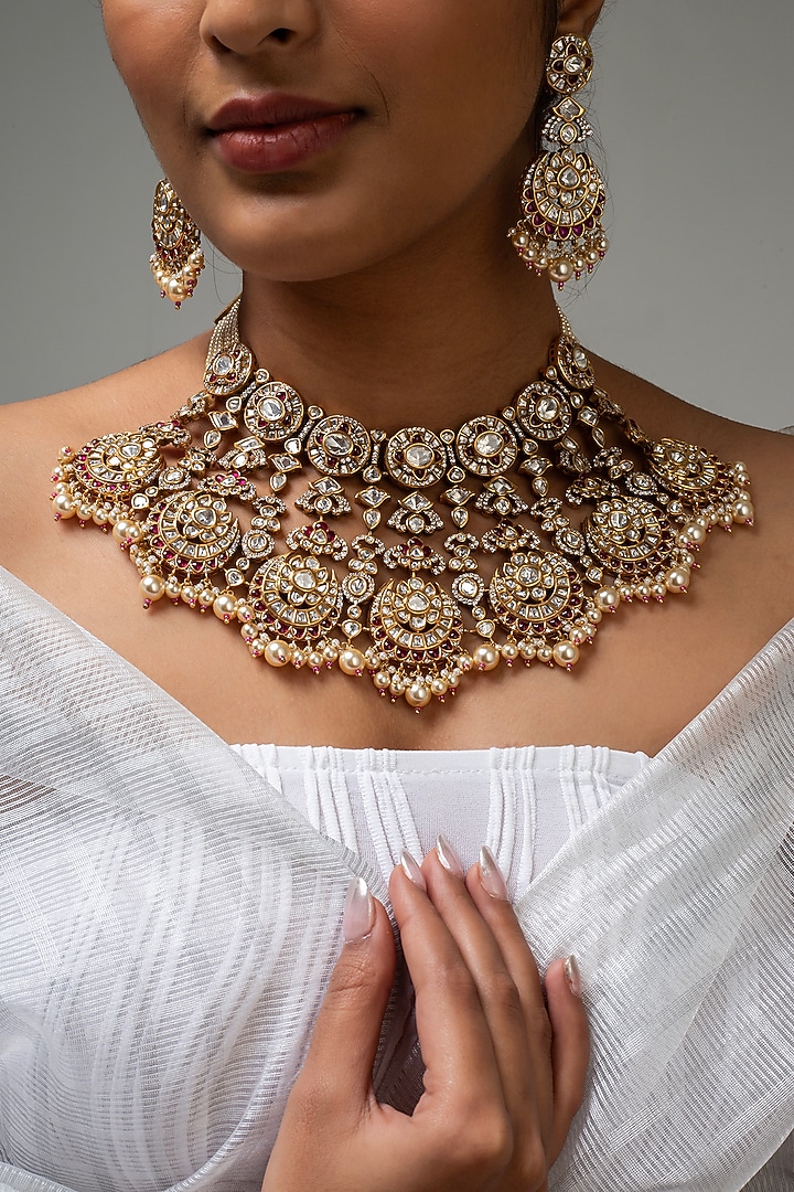 Gold Finish Kundan Polki & Red Stone Necklace Set by Zevar King at Pernia's Pop Up Shop