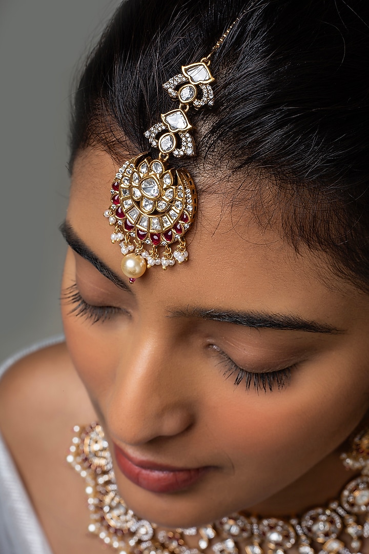 Gold Finish Kundan Polki & Red Stone Necklace Set by Zevar King at Pernia's Pop Up Shop