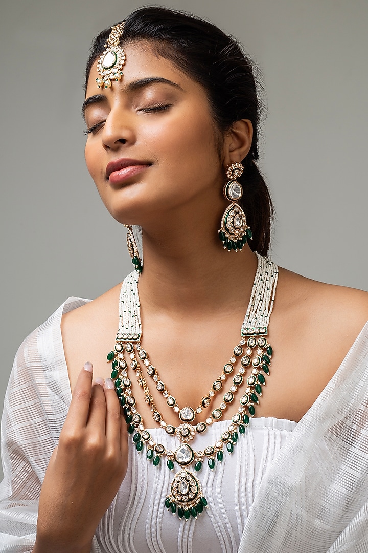 Gold Finish Kundan Polki & Green Stone Long Necklace Set by Zevar King at Pernia's Pop Up Shop