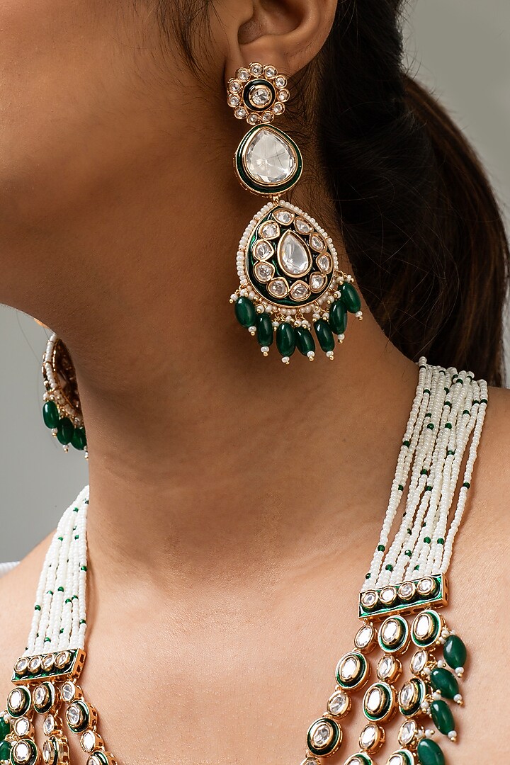 Gold Finish Kundan Polki & Green Stone Long Necklace Set by Zevar King at Pernia's Pop Up Shop