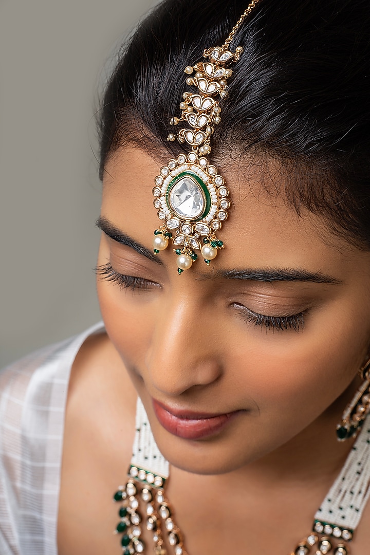 Gold Finish Kundan Polki & Green Stone Long Necklace Set by Zevar King at Pernia's Pop Up Shop