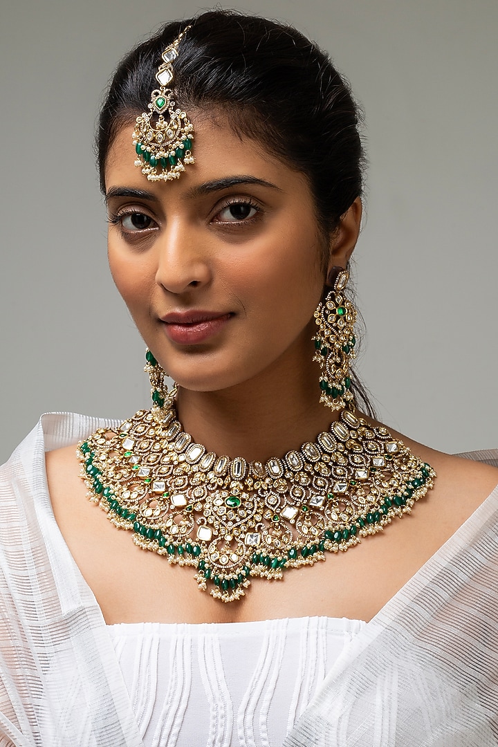 Gold Finish Kundan Polki & Green Stone Necklace Set by Zevar King at Pernia's Pop Up Shop
