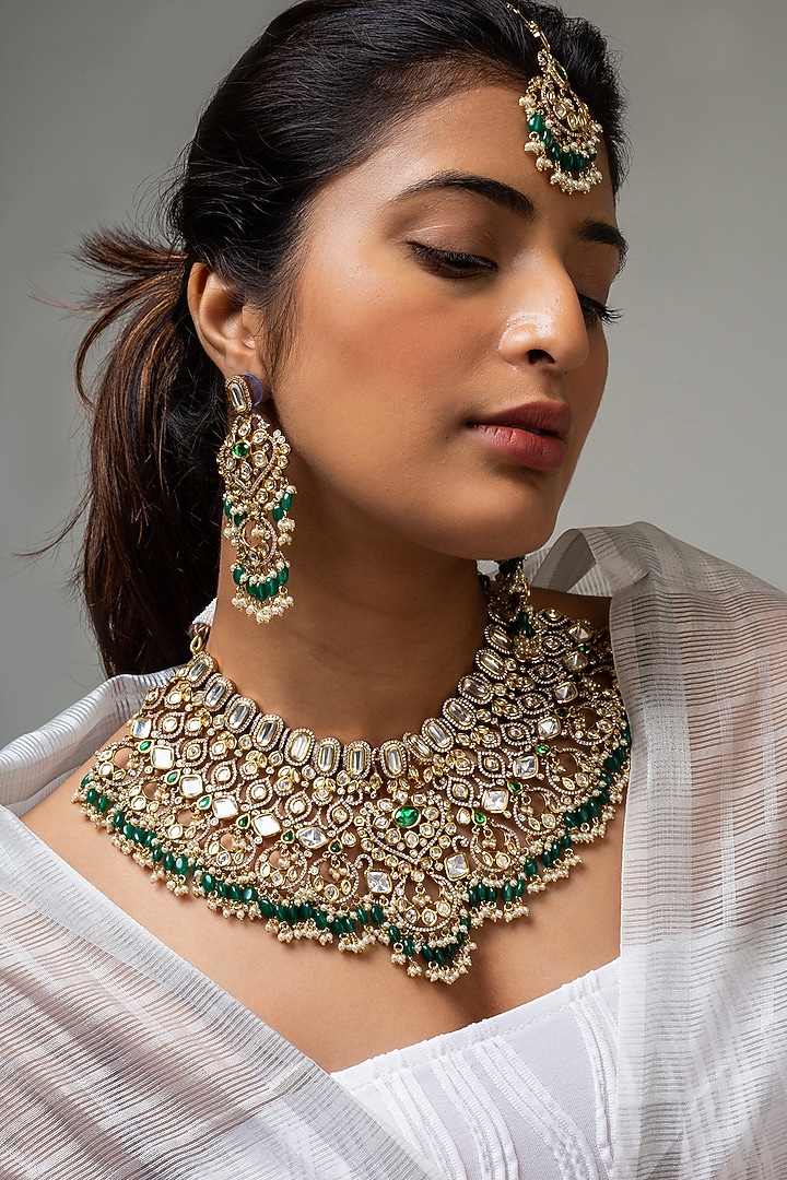 Gold Finish Kundan Polki & Green Stone Necklace Set by Zevar King at Pernia's Pop Up Shop