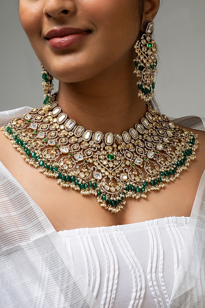 Gold Finish Kundan Polki & Green Stone Necklace Set by Zevar King at Pernia's Pop Up Shop
