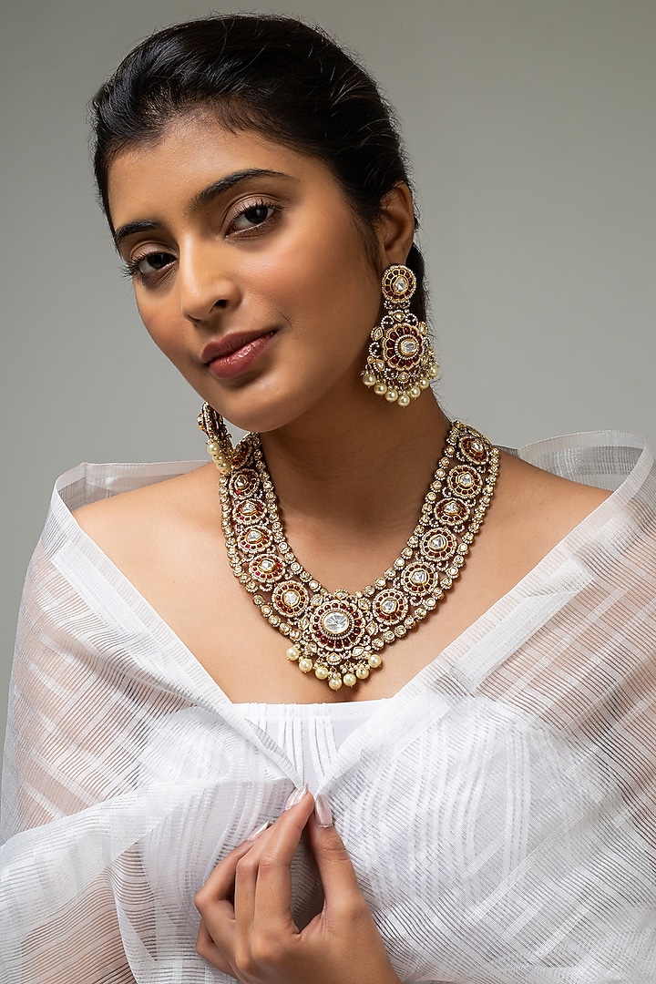 Gold Finish Kundan Polki & Red Stone Necklace Set by Zevar King at Pernia's Pop Up Shop