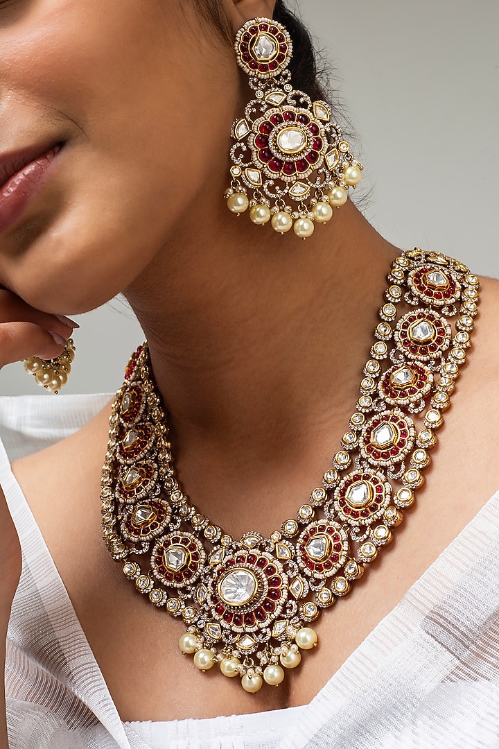 Gold Finish Kundan Polki & Red Stone Necklace Set by Zevar King at Pernia's Pop Up Shop