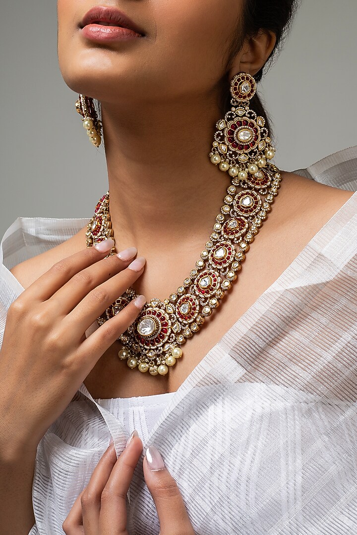 Gold Finish Kundan Polki & Red Stone Necklace Set by Zevar King at Pernia's Pop Up Shop