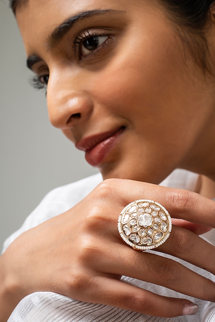 Gold Finish Kundan Polki & White Stone Ring by Zevar King at Pernia's Pop Up Shop