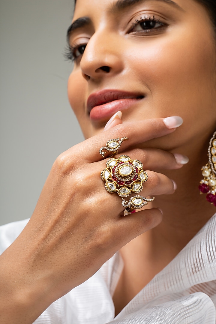 Gold Finish Kundan Polki & Red Stone Ring by Zevar King at Pernia's Pop Up Shop